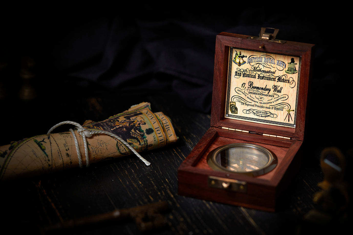 Handmade Antique Vintage Brass Compass in Rosewood Box
