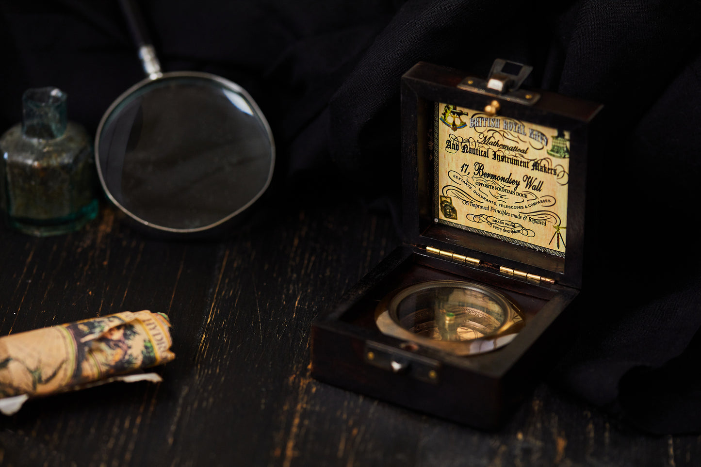 Handmade Antique Vintage Brass Compass in Rosewood Box