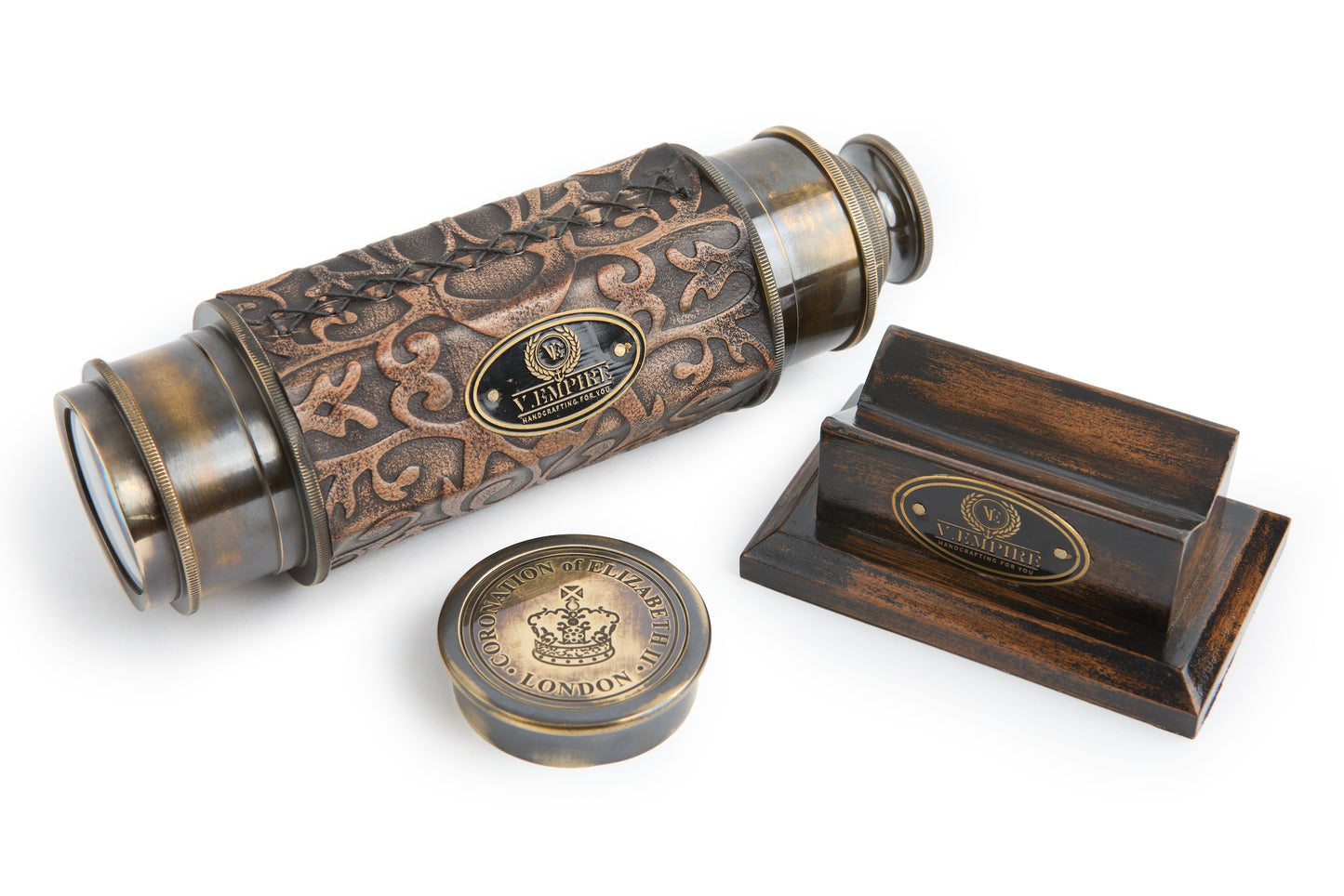 Handcrafted Telescope Wooden Stand Vintage Brass Antique Style.