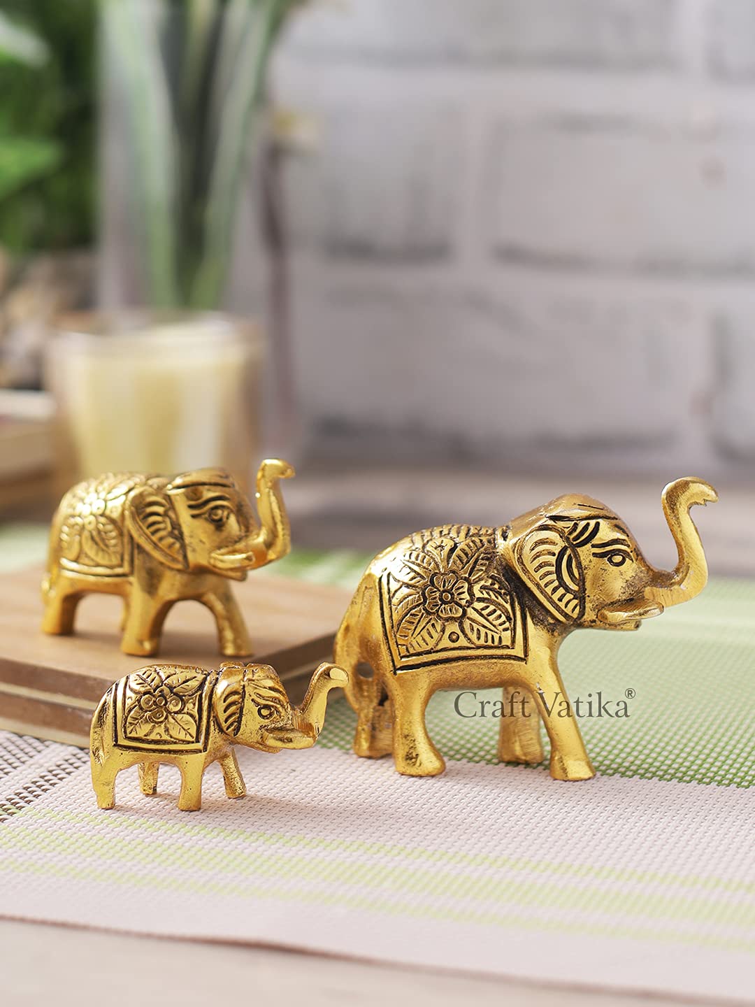 Set of 3 Metal Elephant Statues Feng Shui Vastu Decor Gift