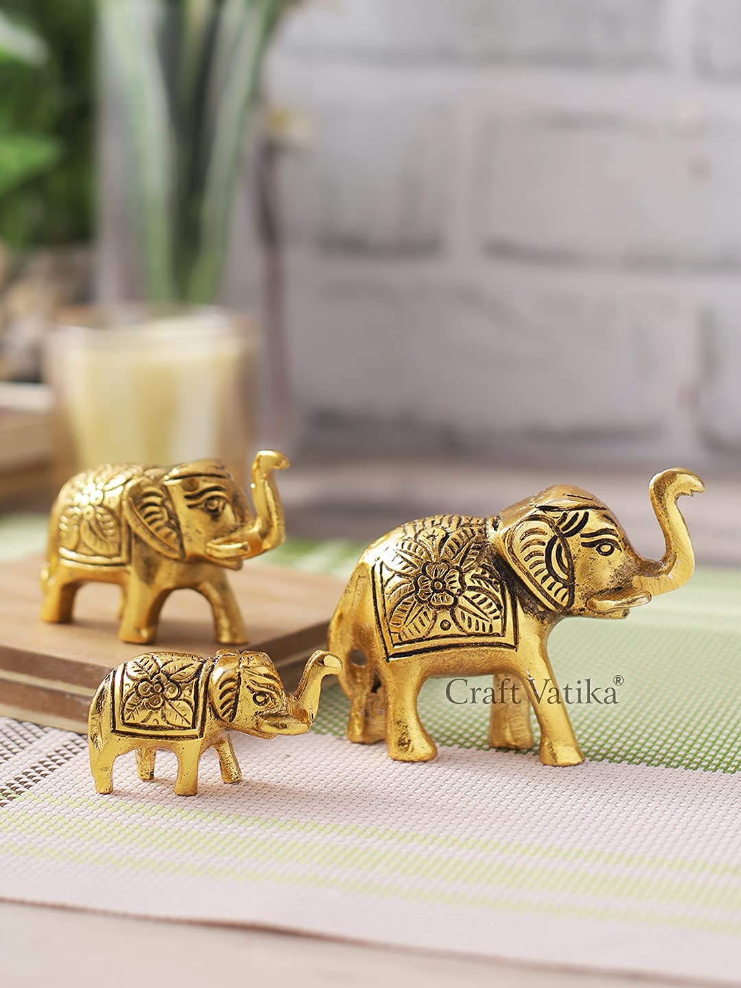 Set of 3 Metal Elephant Statues Feng Shui Vastu Decor Gift