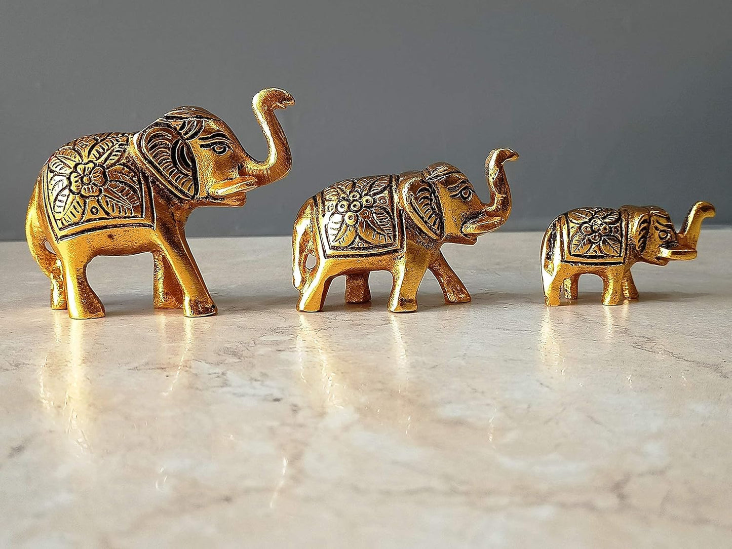 Set of 3 Metal Elephant Statues Feng Shui Vastu Decor Gift